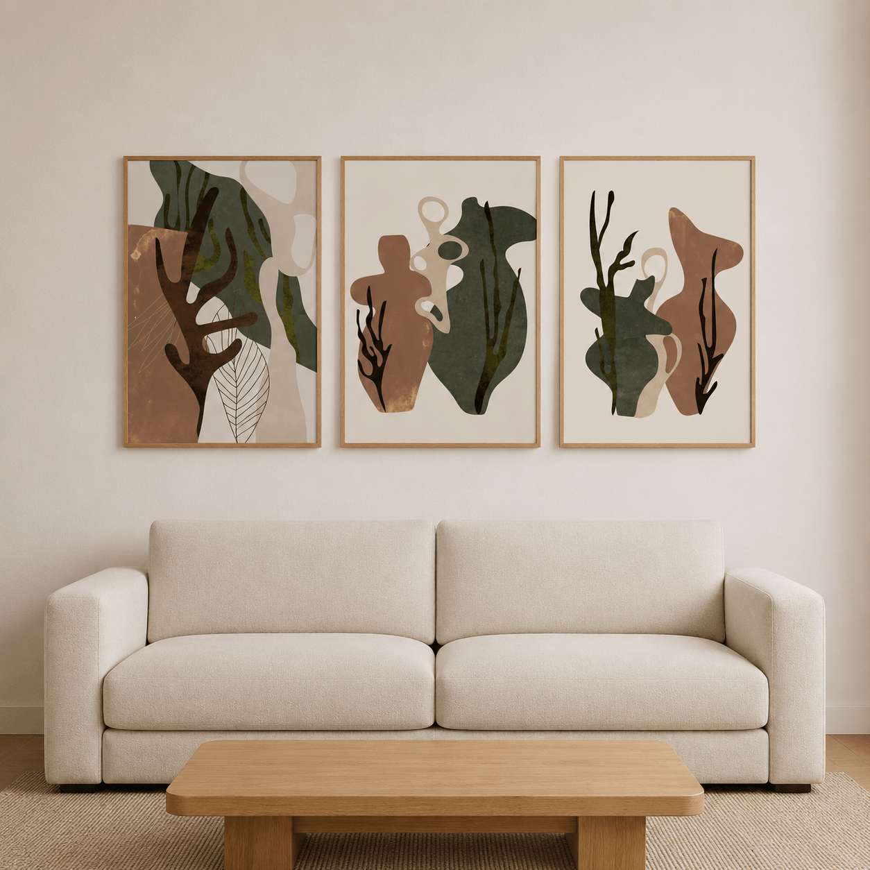 KIT 3 QUADROS DECORATIVOS - ABSTRATO MARROM E VERDE